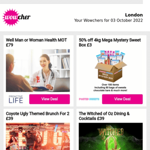 Well Man or Woman Health MOT £79 | 50% off 8kg Mega Mystery Sweet Box £3 | Coyote Ugly Themed Brunch For 2 £39 | The Witched of Oz Dining & Cocktails £39 | Budapest Christmas Market Stay & Flights |