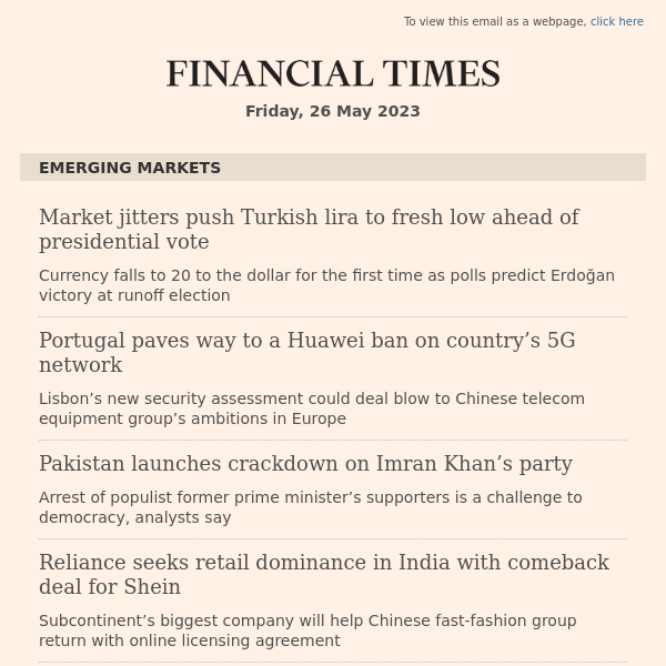 Emerging Markets: New York AM: Market jitters push Turkish lira to fresh low ahead of presidential vote...
