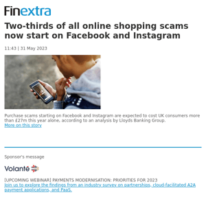 Finextra News Flash: Two-thirds of all online shopping scams now start on Facebook and Instagram