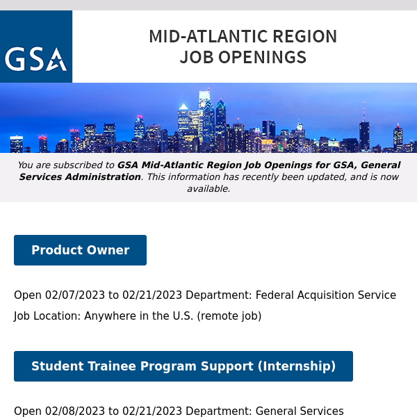 New/Current Job Opportunities in the GSA Mid-Atlantic Region