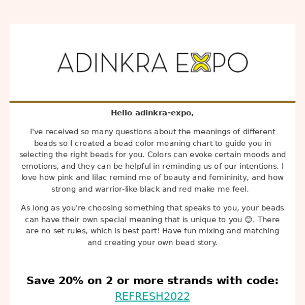 Hello Adinkra Expo, Here's the full bead color chart!