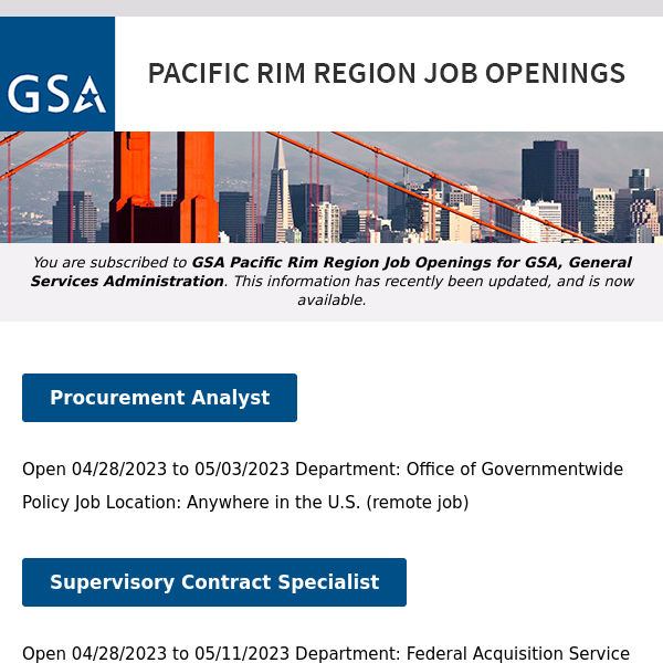 New/Current Job Opportunities in the GSA Pacific Rim Region