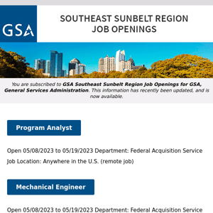 New/Current Job Opportunities in the GSA Southeast Sunbelt Region