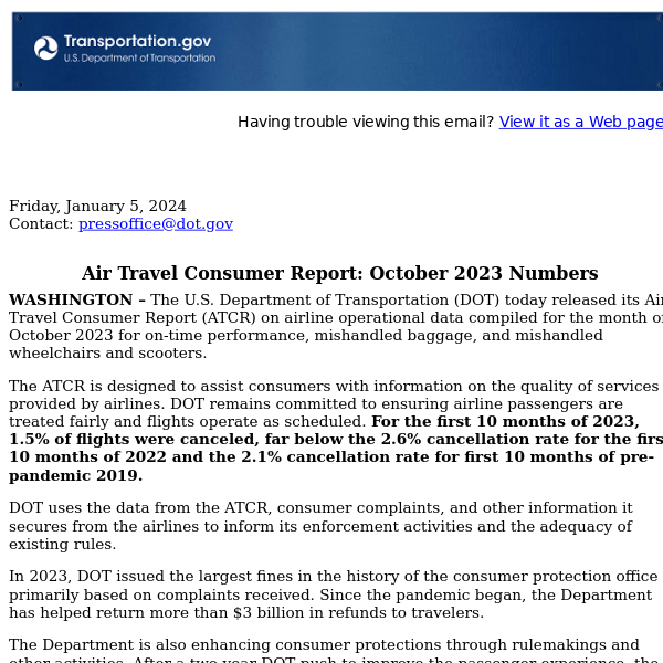 Air Travel Consumer Report: October 2023 Numbers