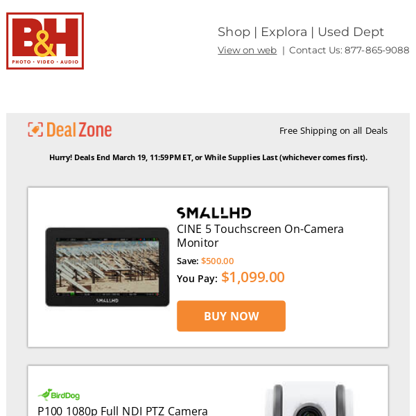 Today's Deals: SmallHD CINE 5 Touchscreen On-Camera Monitor, BirdDog 1080p Full NDI PTZ Camera, Delkin Devices 650GB BLACK CFexpress Type B Memory Card, GVM Video Tripod System w/ Fluid Head & More