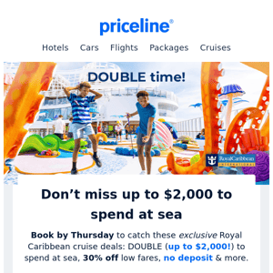 Just for you➔DOUBLE to spend on $39/night Royal Caribbean cruises