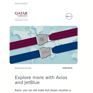 Qatar Airways , remember to fly with JetBlue using your Avios