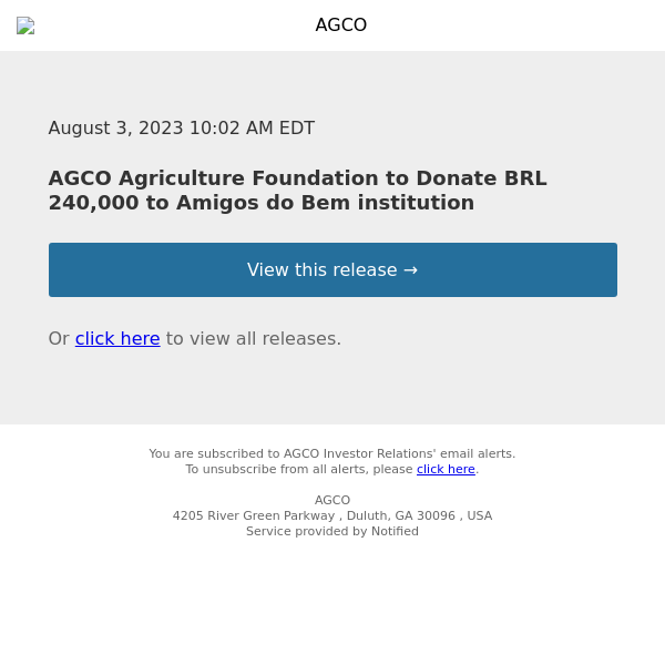 AGCO Agriculture Foundation to Donate BRL 240,000 to Amigos do Bem institution