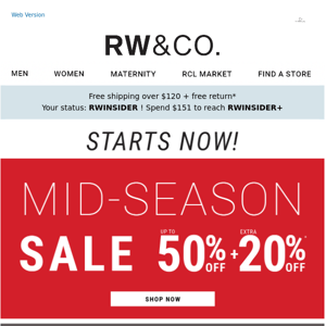 Last Chance! Mid-Season Sale at RW&CO. - Up to 50% Off + Extra 20% Off 🛍️