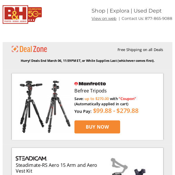 Today's Deals: Manfrotto Befree Tripods, Steadicam Steadimate-RS Aero 15 Arm & Aero Vest Kit, Nanuk Hard Cases, ALOGIC CLARIFY 27" 4K HDR Monitor & More