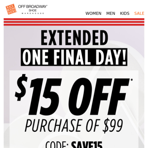 Extended online! $15 OFF expires at midnight