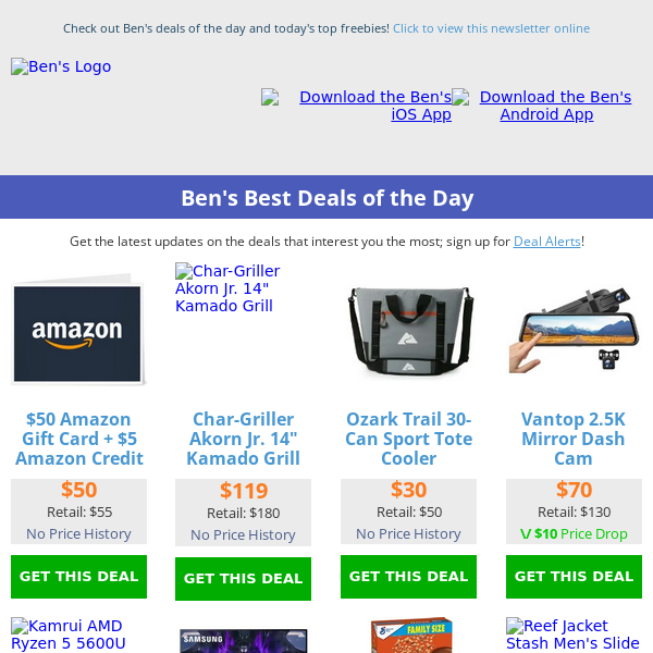 Ben's Best Deals: $119 Portable Kamado Grill - $70 Mirror Dash Cam - $5 Amazon Credit w/ $50 Gift Card - $12 Pop-Tarts (64-ct)