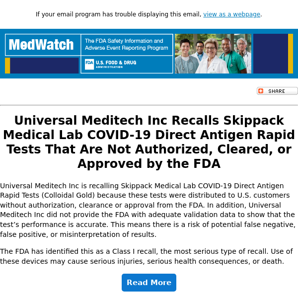 FDA MedWatch - Universal Meditech Recalls Unapproved COVID-19 Direct Antigen Rapid Tests