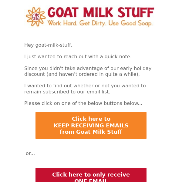 Would you still like to receive Goat Milk Stuff emails?