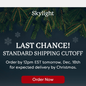 📦 LAST CHANCE: Less than 24 hours until standard shipping cutoff