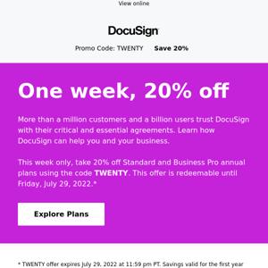 Take 20% off DocuSign plans this week
