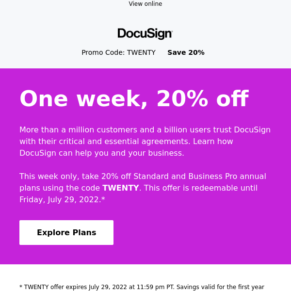 Take 20% off DocuSign plans this week