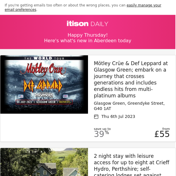 Mötley Crüe & Def Leppard, Glasgow Green; Crieff Hydro self-catering winter getaway; Café Andaluz Aberdeen; 4* Ardoe House Hotel ishga spa day, and 8 other deals