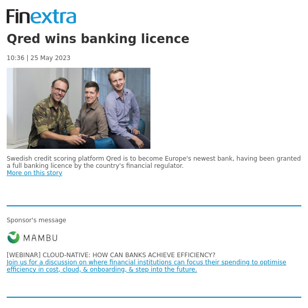 Finextra News Flash: Qred wins banking licence