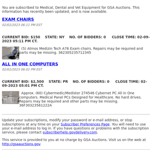 GSA Auctions Medical, Dental and Vet Equipment Update