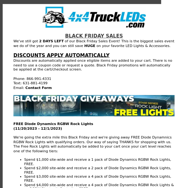 4x4TruckLEDs.com Black Friday Sale | Save Big on LED Lights & Accessories | Only 2 Days Remaining