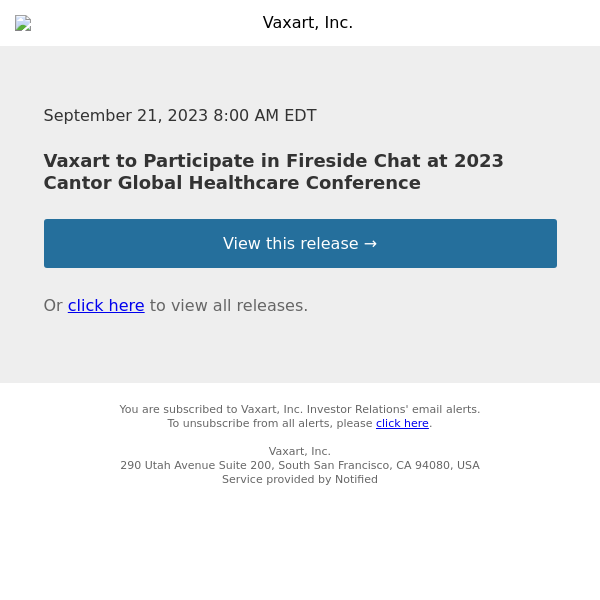 Vaxart to Participate in Fireside Chat at 2023 Cantor Global Healthcare Conference