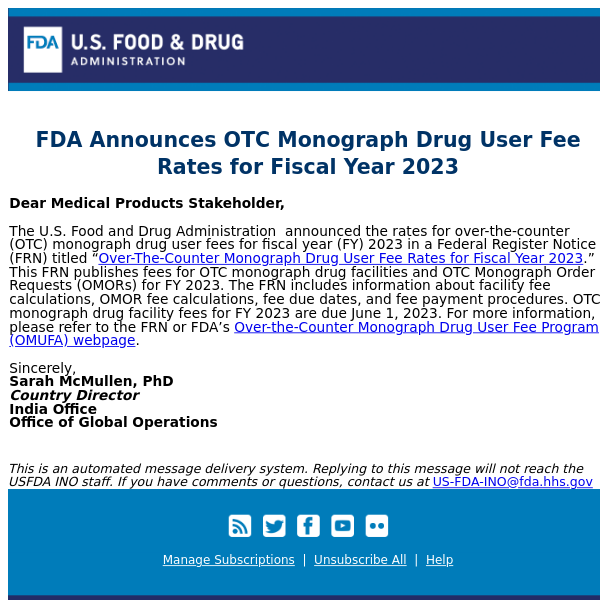 FDA Announces OTC Monograph Drug User Fee Rates for Fiscal Year 2023
