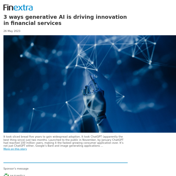 Finextra News Flash: 3 ways generative AI is driving innovation in financial services