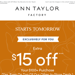 Fall Favorites Event: Save Up to 50% + Extra $15 Off at Ann Taylor Factory