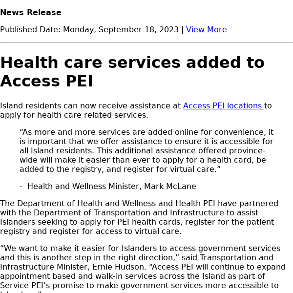 Health care services added to Access PEI