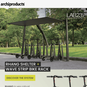 LAB23 urban furniture: Wave Strip bike rack and Rhang shelter