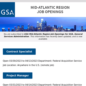 New/Current Job Opportunities in the GSA Mid-Atlantic Region