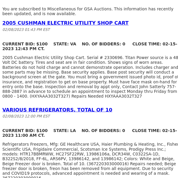 GSA Auctions Miscellaneous Update