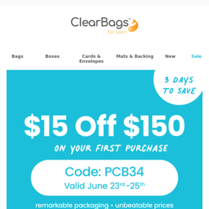 Save $15 off $150 @ ClearBags