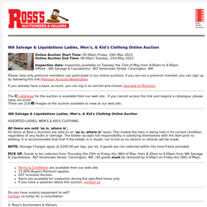 *CLOSING SOON* Ross's > WA Salvage & Liquidations Ladies, Men's, & Kid's Clothing Online Auction 23/05/23