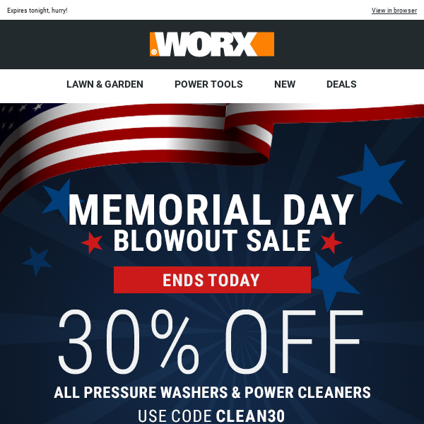 Last Chance: Save up to 30% during our Memorial Day Sale! ⌛ - Worx