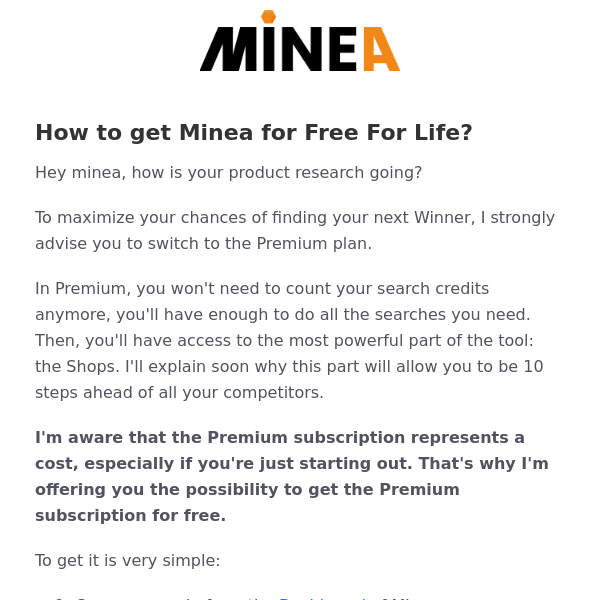 Your Minea Subscription at $0.00/month for Life 👊