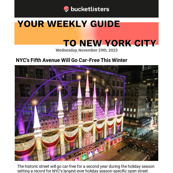 ❄️ Car Free Fifth Ave, Speakeasy Jazz, Holiday Cruises & More!