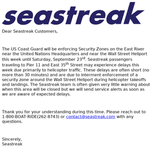 Seastreak NJ/NYC Service Alert - United Nations Security Zone Delays