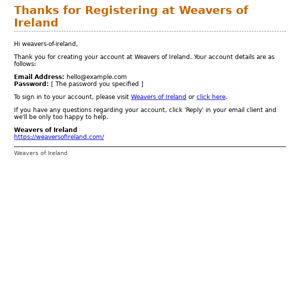 Thanks for Registering at Weavers of Ireland