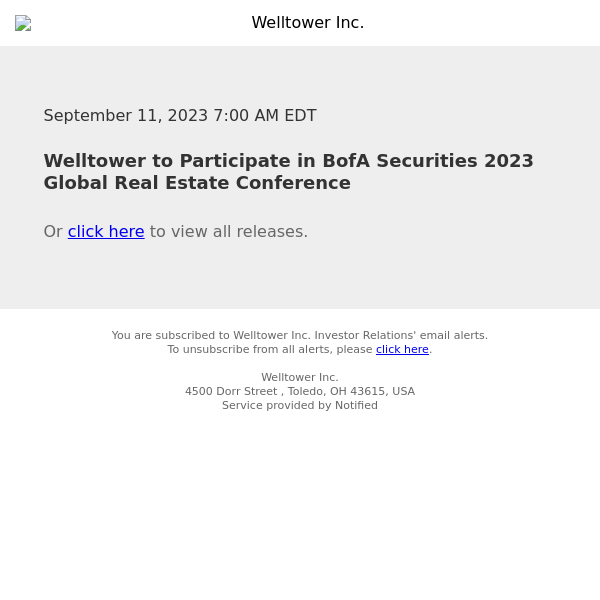 Welltower to Participate in BofA Securities 2023 Global Real Estate Conference
