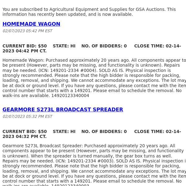 GSA Auctions Agricultural Equipment and Supplies Update