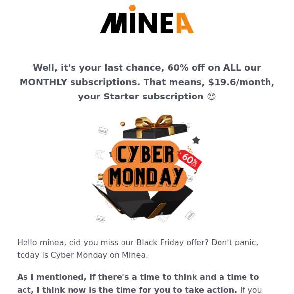 🚨 LAST CHANCE! 60% off for LIFE on your Minea subscription - Cyber Monday deal