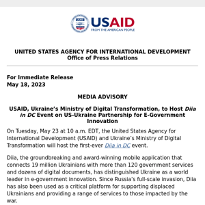 MEDIA ADVISORY: USAID, Ukraine’s Ministry of Digital Transformation, to Host Diia in DC Event on US-Ukraine Partnership for E-Government Innovation