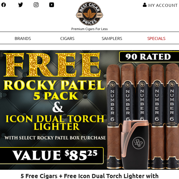 💫 5 Free Cigars + Free Icon Dual Torch Lighter with Select Rocky Patel Boxes 💫