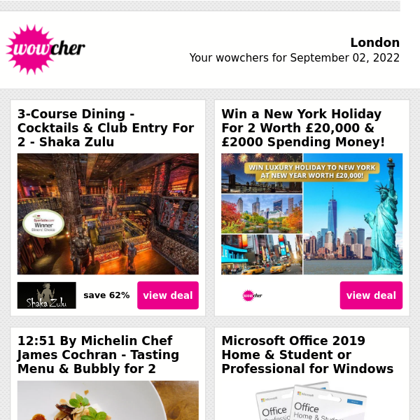 Shaka Zulu Dining & Cocktails for 2 £59 | Win A Luxury New York NYE Holiday! | 5-Course Tasting Menu & Bubbly for 2 £59 | Microsoft Office Home & Student 2019 £24.99  | Marco Pierre White's Country Manor For 2