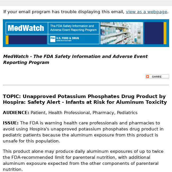 FDA MedWatch - Unapproved Potassium Phosphates Drug Product by Hospira