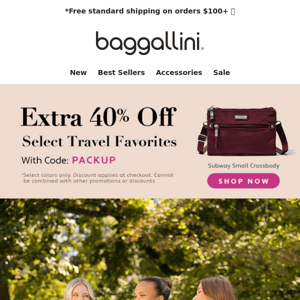 Starts Now ✈️ 25% off All Travel Baggs ✈️ + Extra 40% off Select Styles ❤️