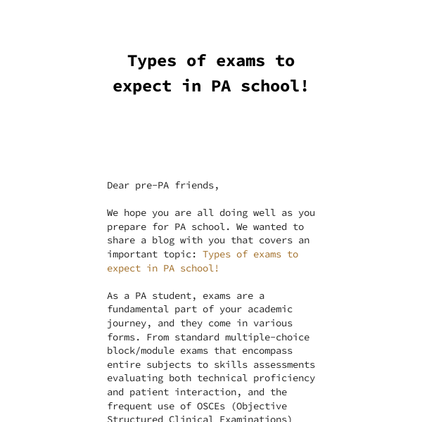 Types of exams to expect in PA school
