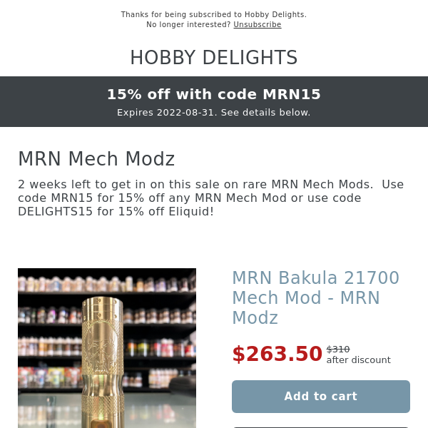 15% off all MRN Mech Mods - Vaping Delights